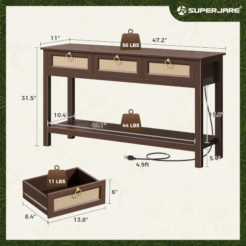 SUPERJARE Rattan Console Sofa Table with Outlets, USB-C Port and 3 Drawers