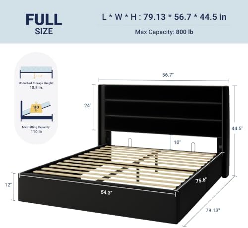 Allewie Full Size Lift Up Hydraulic Storage Bed Frame Black