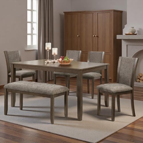 6 Piece Dining Table Set, Farmhouse Wooden Dining Set, Dark Walnut