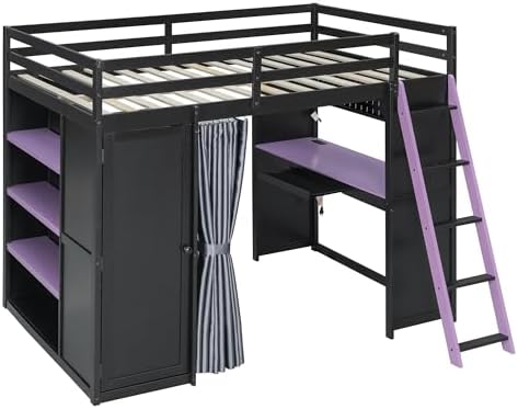 Merax Full Size Loft Bed with Desk and 6 Storage Shelves, Wardrobe, Blackout Curtain, Solid Wood Gaming Loft Bed Frame with USB Port & RGB Lights, No Box Spring Needed, Space-Saving, Black+Purple