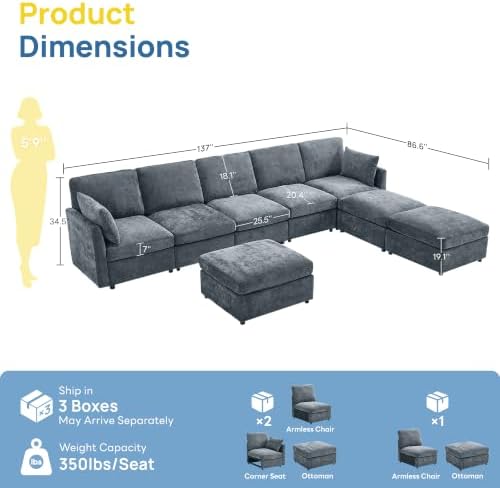 Iroomy Modular Sectional Couch for Living Room, Spring Cushion Seating, Modern Convertible Cloud Sofa with Ottoman, Grey