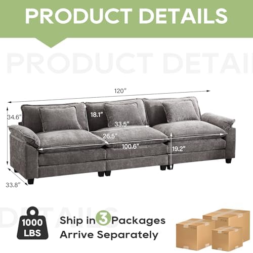 Oprisen 120" Modular Sectional Sofa, Comfy 3 Seater Deep Cloud Couch