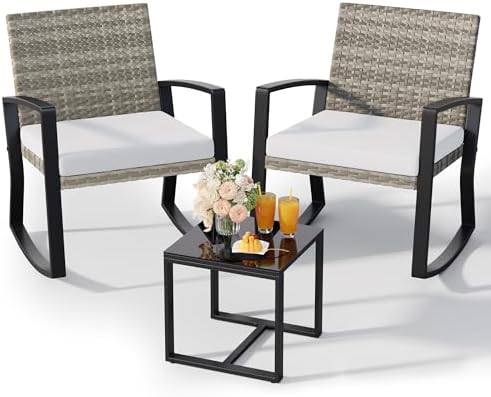 Qsun 3 Pieces Outdoor Patio Furniture Set Rocking Bistro Set, Outdoor Patio Furniture Set with Coffee Table for Garden Balcony Backyard Poolside (Light Grey Cushion)