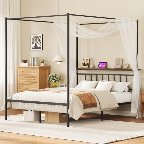 Queen Canopy Bed Frame with Storage Headboard Minimalist 4 Posters Bed