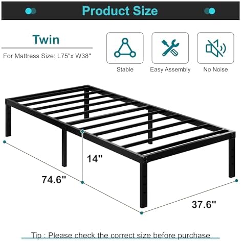 Maenizi Heavy Duty Twin Bed Frame 14 Inch Metal Support Up to 2500 lbs