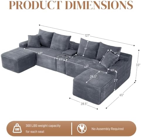 127" U Shaped Cloud Couch Modular Sectional Sofa, Comfy Fluffy Corduroy Grey Boneless Sectional Couches for Living Room, Modern Cloud Sofas with Cup Holders & USB Port, Grey
