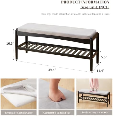 Shoe Bench Entryway Bamboo 2-Tier Shoe Rack with Cushion Padded Seat Shoe Bench Organizer Stable for Entry, Hallway, Living Room, Bedroom, Closet (39.4 * 11.4 * 16.5IN, Black-Gray)