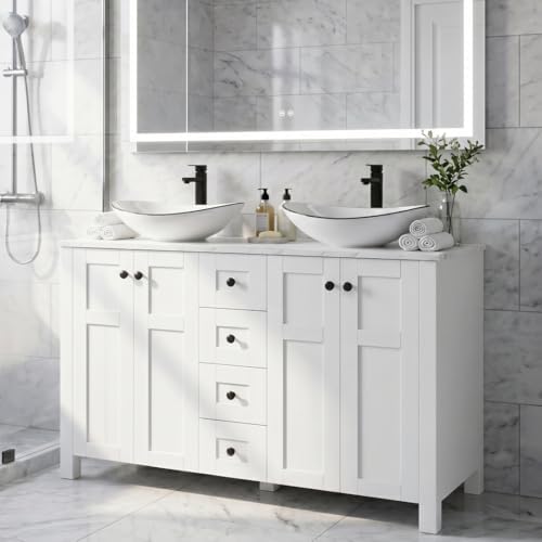 48" Bathroom Vanity with Sink, White Modern Freestanding Bathroom Vanity Cabinet with Marble Texture Top and 4 Drawers, Two White Boat Ceramic Vessel Sinks