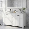48" Bathroom Vanity with Sink, White Modern Freestanding Bathroom Vanity Cabinet with Marble Texture Top and 4 Drawers, Two White Boat Ceramic Vessel Sinks