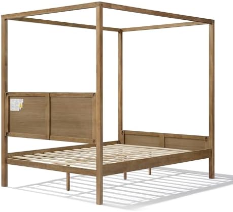 Merax Queen Canopy Bed Frame with Headboard & 4 Posters, Antique Natural