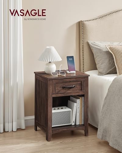 VASAGLE Farmhouse Nightstands with Charging Station, 1 Drawer, Set of 2