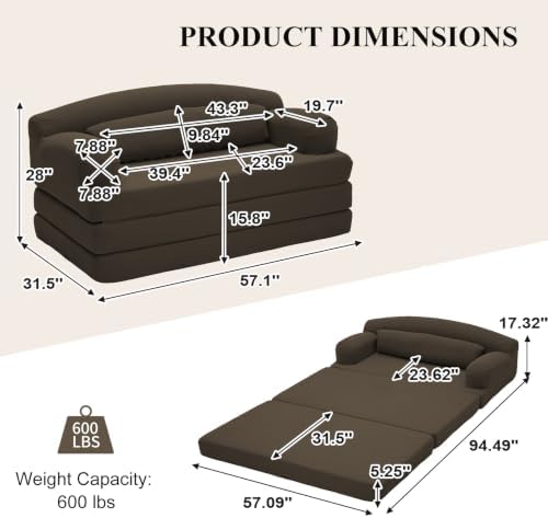 57” Convertible Sleeper Sofa Bed, Boneless Couch, Brown