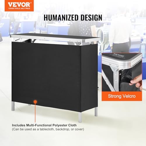 VEVOR Folding Portable Bar Table, Tradeshow Podium Table for Indoor, Outdoor, Party, Picnic, Exhibition, Includes Carrying Case, Storage Shelf and Black Skirt, 38.39" x 15.16" x 34.25"