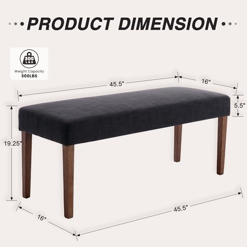 HNY Farmhouse Upholstered Dining Bench Seat Set of 2, 45" Linen Entryway Bench with Natural Wood Legs, Mid Century Modern End of Bed Bench for Kitchen Bedroom Living Room Hallway, Charcoal