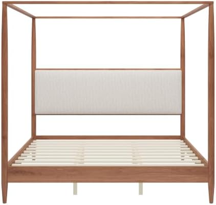 Merax King 4-Poster Wood Canopy Bed with Boucle Headboard, Walnut