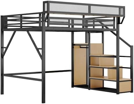 KEIKI Queen Size Metal Loft Bed Frame with Convertible Staircase, Built-in Storage Shelves and Wardrobe, Loft Bed with Solid Slats, Guardrail, No Box Spring Required, Easy Assembly, for Bedroom, Black