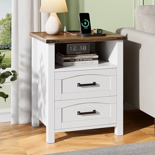 Decofy Farmhouse Nightstand with Charging Station, 2 Drawers