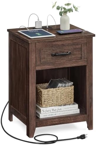 VASAGLE Farmhouse Nightstand with Charging Station, 1 Drawer