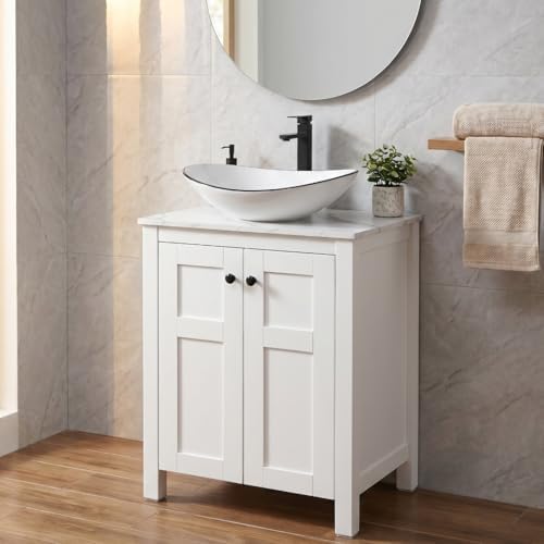 24 Inch White Bathroom Vanity with Marble Texture Top, Traditional Standing Pedestal Cabinet with White Boat Ceramic Sink