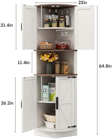 Vabches 64.8" Tall Farmhouse Corner Cabinet with 4 Doors and 5 Storage Shelves, Farmhouse Storage Cabinet with Barn Door Design, Home Space Saver for Living Room, Kitchen, Laundry Room,White