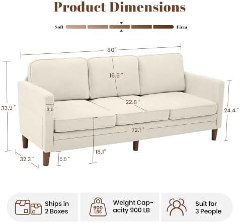 80" Chenille Sofa Mid Century Modern 3 Seater Couch for Living Room Office