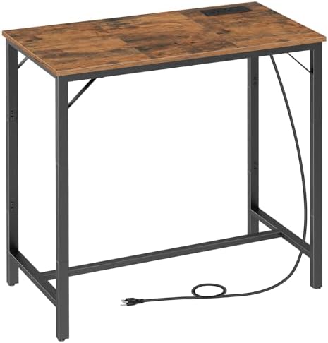 HOOBRO Bar Table with Charging Station, Rectangular Pub Table, High Top Coffee Table, Counter Bar Height Table, Narrow Long Dining Table, 35.4" L x 15.7" W x 35.6" H, Rustic Brown and Black BF90UBT01