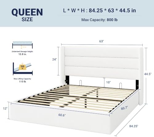 Allewie Queen Size Lift Up Hydraulic Storage Bed Frame White