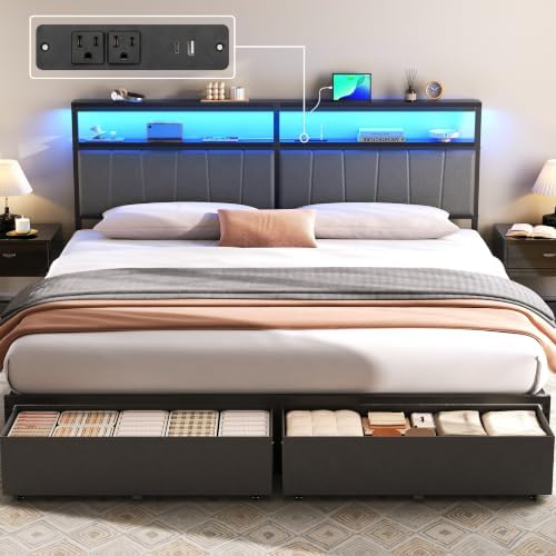 King Bed Frame with Storage Drawers and Charging Station, Grey