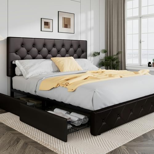Allewie King Size Storage Bed Frame with 4 Underbed Drawers, Upholstered Platform Bed with Adjustable Headboard, Diamond Button Tufted, Easy Assembly, Noise-Free, No Box Spring Needed, Brown