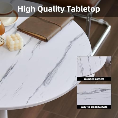 Round Dining Table, 24" Circle Tulip Table with Thickened Tabletop & Metal Pedestal, Mid Century Modern Bistro Table for Kitchen, Small Places, Living Room, Cafe (Faux Marble White)