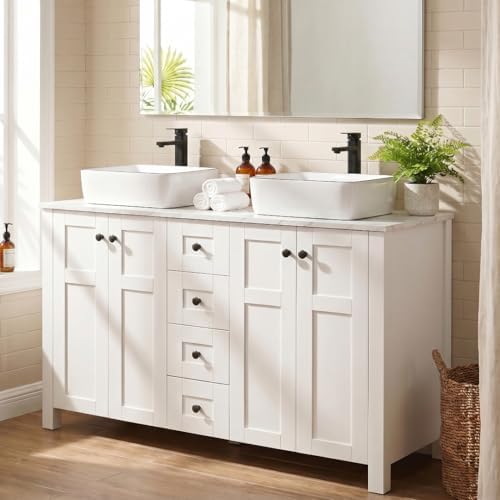 48" Bathroom Vanity with Sink, White Modern Freestanding Bathroom Vanity Cabinet with Marble Texture Top and 4 Drawers, Two White Ceramic Vessel Sinks