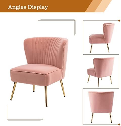 HULALA HOME Velvet Accent Chair, Modern Upholstered Cute Side Chair with Gold Metal Legs, Armless Wingback Slipper Chair Comfy Living Room Chair for Bedroom Guest Room Vanity,Pink