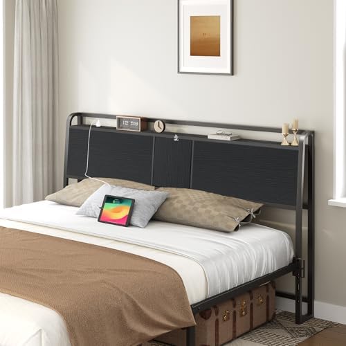 MAHANCRIS Headboard Queen Size with 2 Power Strips and Flip Door Storage