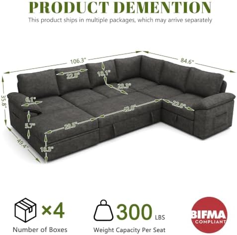 106'' Modular Sectional Sofa with Pull Out Bed, Sleeper Sofa, Dark Gray