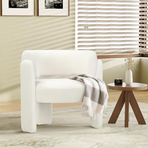 COLAMY Modern Accent Chair, Velvet Accent Chairs, Upholstered Barrel Chairs with Solid Wood Legs, Comfy Side Chair for Living Room, Bedroom, Reading, Cozy Reading Chair,Cream