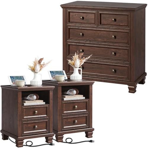 SAVOR LIFE Farmhouse Bedroom Dresser Sets 3 Piece, Walnut