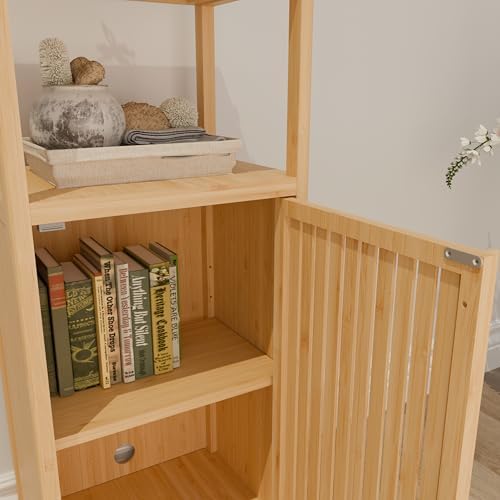 41" Tall Bamboo Storage Cabinet, Slim Freestanding Floor Organizer with Single Door & Open Shelf, Narrow Linen Tower for Bathroom, Bedroom, Kitchen, Laundry Room, Pantry, Small Space Storage Solution