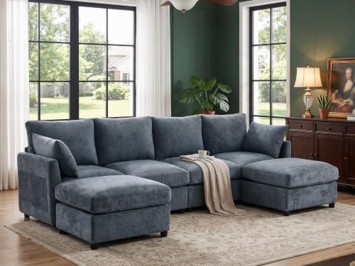 Iroomy Modular Sectional Couch for Living Room, Modern 6 Seater Convertible U Shaped Sofa with Ottoman, Spring Cushion Seating, Grey