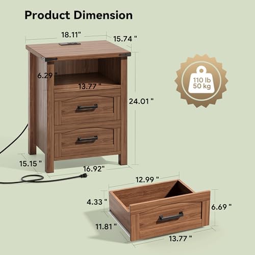 Decofy Farmhouse Nightstand Set of 2 with Charging Station, 2 Drawers
