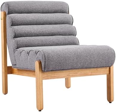 Christopher Knight Home Fluffy Low Profile Accent Chair, Modern Living Room Armless Lounge Chair, Fabric Comfy Reading Chair for Bedroom, Wooden Frame and Thick Padded Seat, Grey+Natural