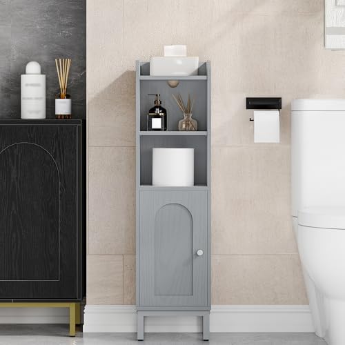 Hzuaneri Bathroom Storage Cabinet, Small Corner Floor Cabinet | Narrow Toilet Paper Holder, Bathroom Organizer with Adjustable Shelf, 2 Doors, for Small Spaces, Gray BC38221GR