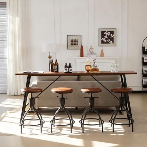Karl home 83.8" Bar Table and Chairs Set, 4 Adjustable PU Stools, Brown
