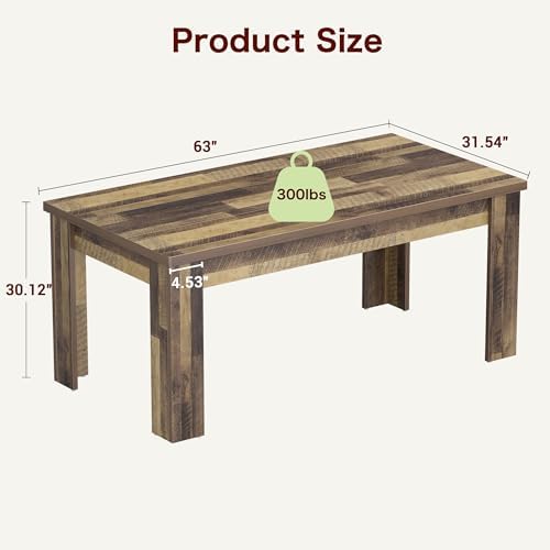 63" Farmhouse Dining Table with 1.18" Thickened Top, Rectangular Kitchen Table for 4-6 People, Heavy Duty Rustic Wood Dinner Table for Dining Room, Sturdy Wood Table, 300 lbs, Rustic Brown