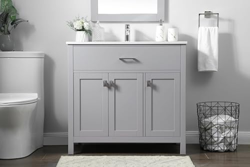 36" Pre-Assembled Bathroom Vanity with Sink, Engineered Wood, Calacatta White Engineered Marble Countertop Attached, Single Rectangle Porcelain Sink, Grey