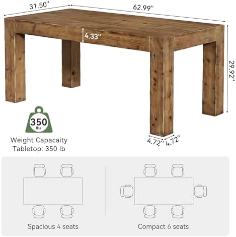 Solid Wood Dining Table for 6, 63-Inch Farmhouse Kitchen Table with Heavy Duty Legs, Rectangular Wood Dinner Table for Dining Room, Living Room, Natural Brown (Only Table)