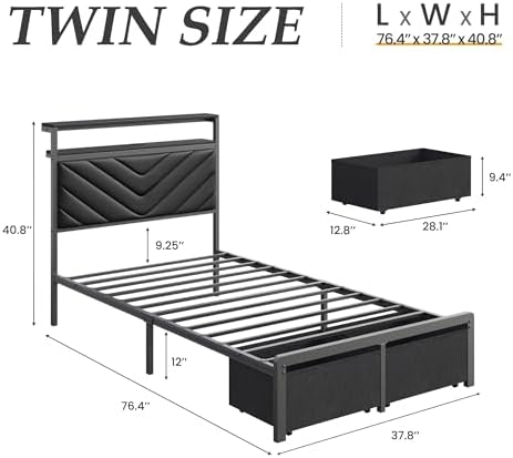 Fluest Twin Bed Frame with Storage Drawers, Upholstered Headboard with Charging Station, LED Lights, Fabric Drawers with Wheels, Under Bed Storage, No Box Spring Needed, Easy Assembly, Black