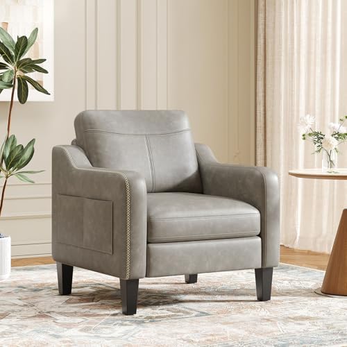 MALOL PU Leather Accent Chair, Mid-Century Modern Living Room Armchair Sofa with Removable Cushions, Solid Wood Frame & Stitched Armrest Design, Bedroom Chair with Plastic Legs, Grey