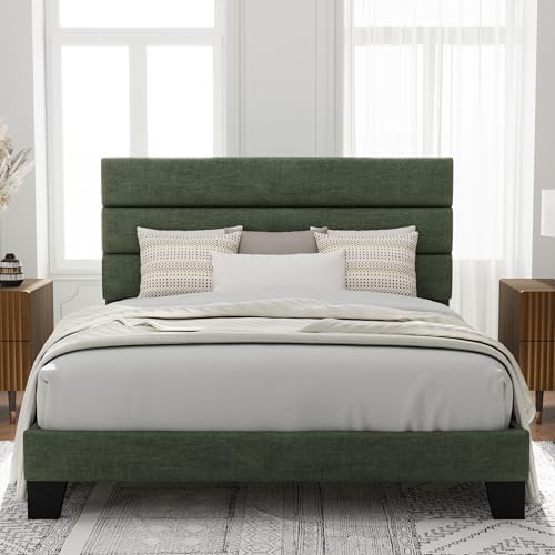Allewie Full Size Platform Bed Frame with Fabric Upholstered Headboard and Wooden Slats Support, Fully Upholstered Mattress Foundation/No Box Spring Needed/Easy Assembly, Green