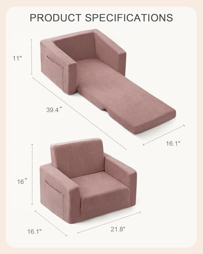 2-in-1 Kids Chair and Couch, Cozy Corduroy Kids Sofa, Pink