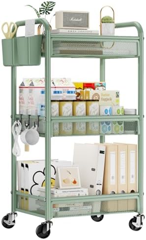 YASONIC 3 Tier Metal Rolling Cart, Green Utility Storage Cart with Wheels